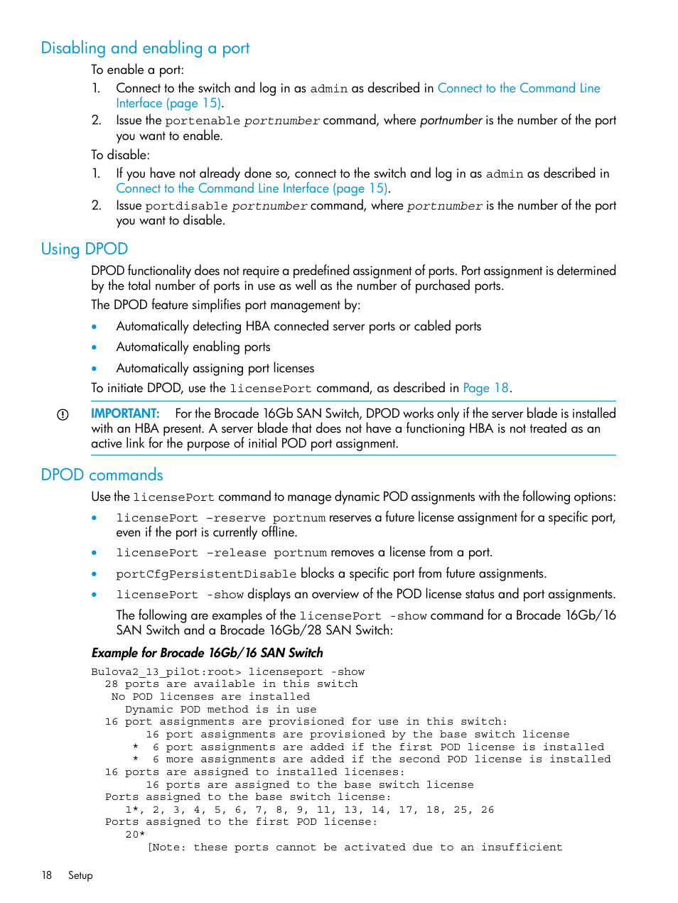 Disabling and enabling a port, Using dpod, Dpod commands | HP Brocade 16Gb SAN Switch for HP BladeSystem c-Class User Manual | Page 18 / 41
