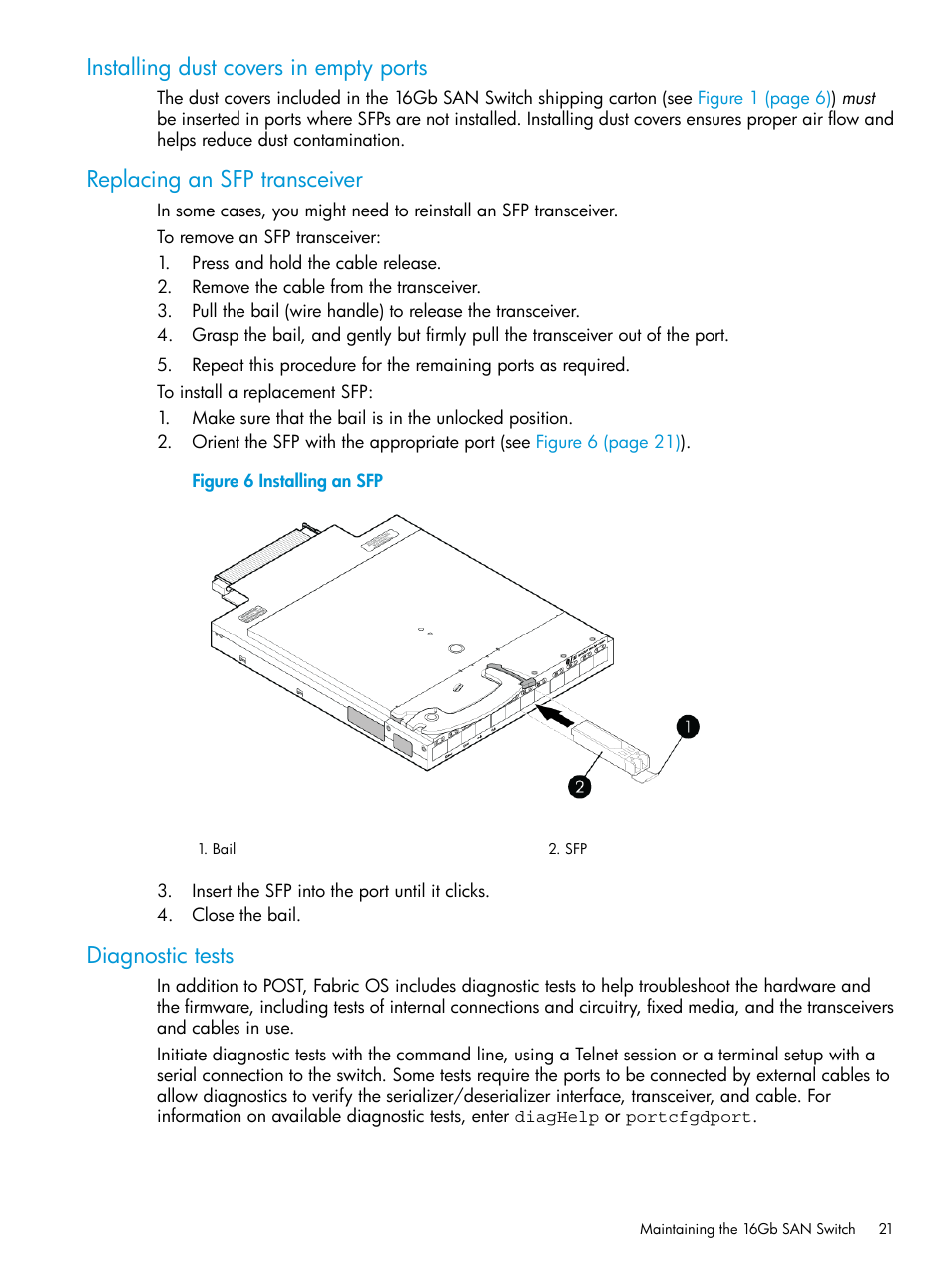 Installing dust covers in empty ports, Replacing an sfp transceiver, Diagnostic tests | HP Brocade 16Gb SAN Switch for HP BladeSystem c-Class User Manual | Page 21 / 41