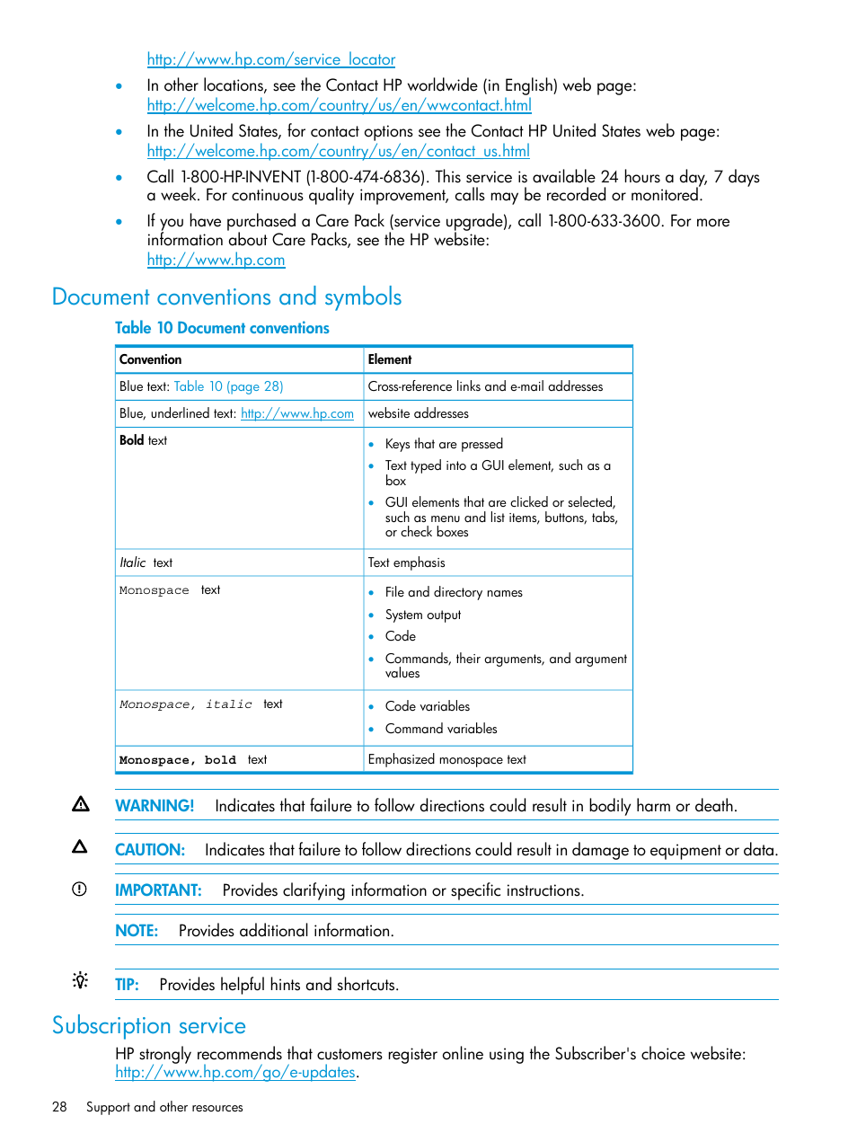 Document conventions and symbols, Subscription service | HP Brocade 16Gb SAN Switch for HP BladeSystem c-Class User Manual | Page 28 / 41