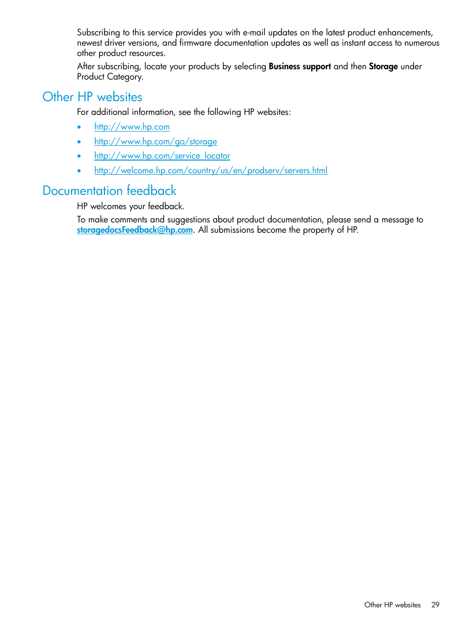 Other hp websites, Documentation feedback, Other hp websites documentation feedback | HP Brocade 16Gb SAN Switch for HP BladeSystem c-Class User Manual | Page 29 / 41