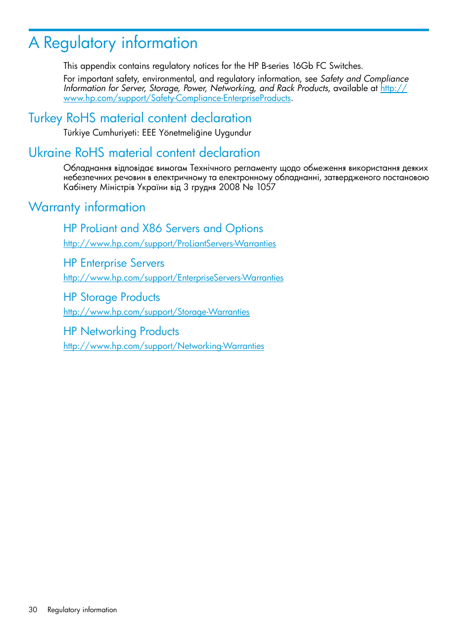 A regulatory information, Turkey rohs material content declaration, Ukraine rohs material content declaration | Warranty information | HP Brocade 16Gb SAN Switch for HP BladeSystem c-Class User Manual | Page 30 / 41