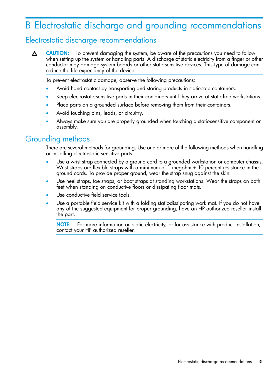 Electrostatic discharge recommendations, Grounding methods | HP Brocade 16Gb SAN Switch for HP BladeSystem c-Class User Manual | Page 31 / 41
