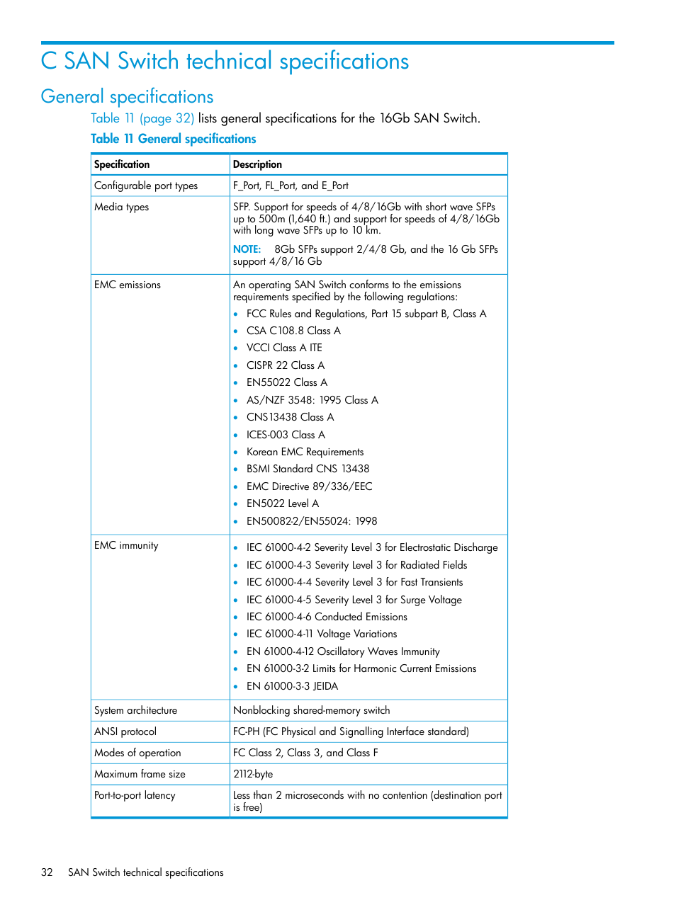 C san switch technical specifications, General specifications | HP Brocade 16Gb SAN Switch for HP BladeSystem c-Class User Manual | Page 32 / 41