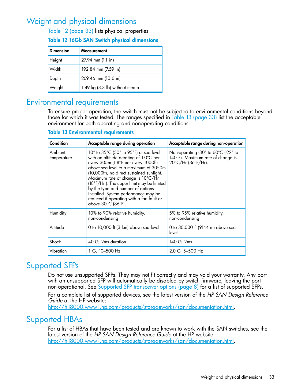 Weight and physical dimensions, Environmental requirements, Supported sfps | Supported hbas, Environmental | HP Brocade 16Gb SAN Switch for HP BladeSystem c-Class User Manual | Page 33 / 41