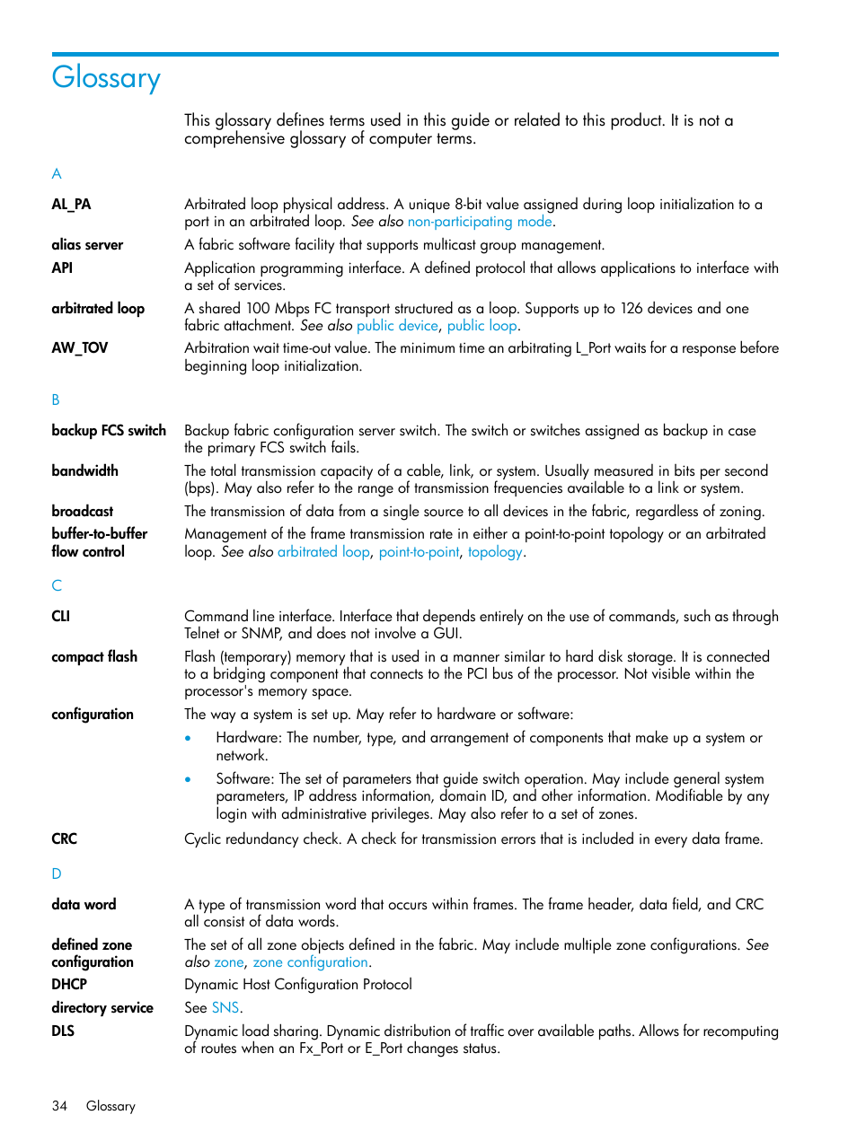 Glossary | HP Brocade 16Gb SAN Switch for HP BladeSystem c-Class User Manual | Page 34 / 41
