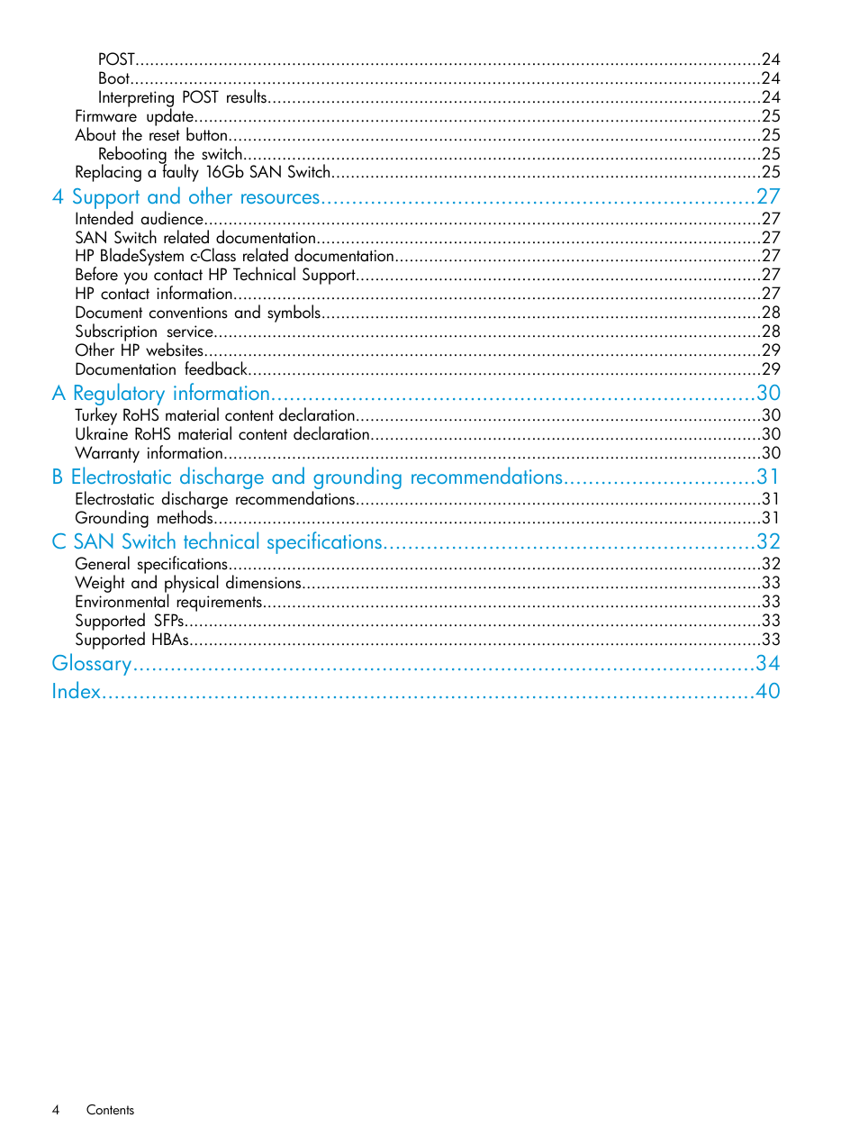 4 support and other resources, A regulatory information, C san switch technical specifications | Glossary index | HP Brocade 16Gb SAN Switch for HP BladeSystem c-Class User Manual | Page 4 / 41