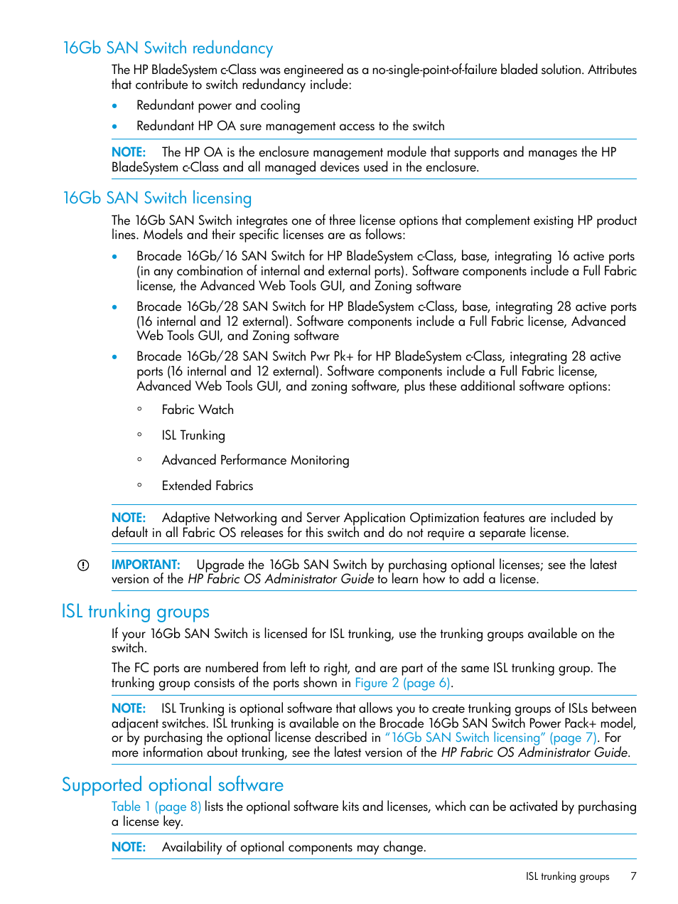 16gb san switch redundancy, 16gb san switch licensing, Isl trunking groups | Supported optional software, Isl trunking groups supported optional software | HP Brocade 16Gb SAN Switch for HP BladeSystem c-Class User Manual | Page 7 / 41