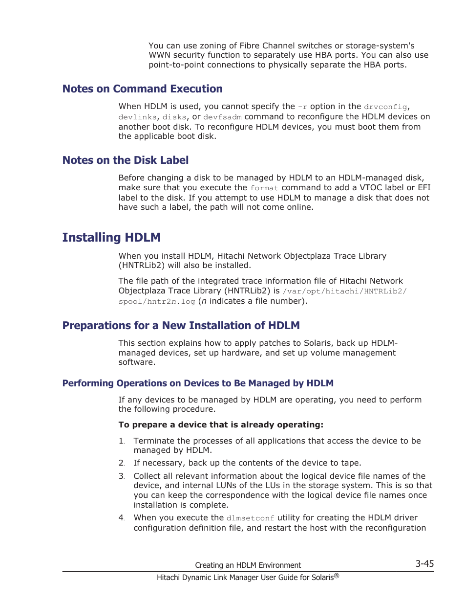 Notes on command execution, Notes on the disk label, Installing hdlm | Preparations for a new installation of hdlm, Notes on command execution -45, Notes on the disk label -45, Installing hdlm -45, Preparations for a new installation of hdlm -45, Preparations | HP XP P9500 Storage User Manual | Page 111 / 618