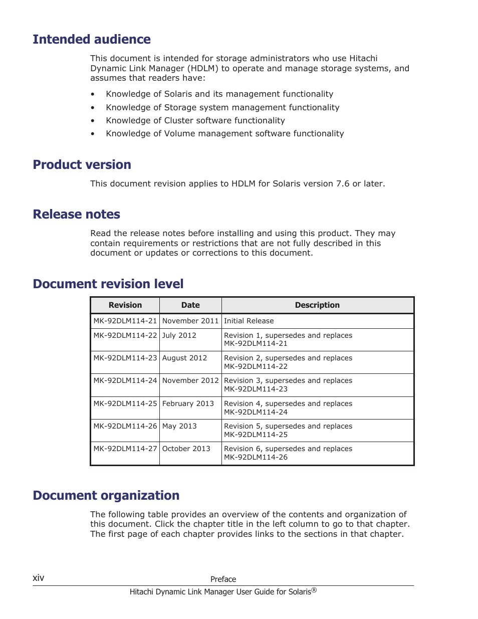 Intended audience, Product version, Release notes | Document revision level, Document organization | HP XP P9500 Storage User Manual | Page 14 / 618