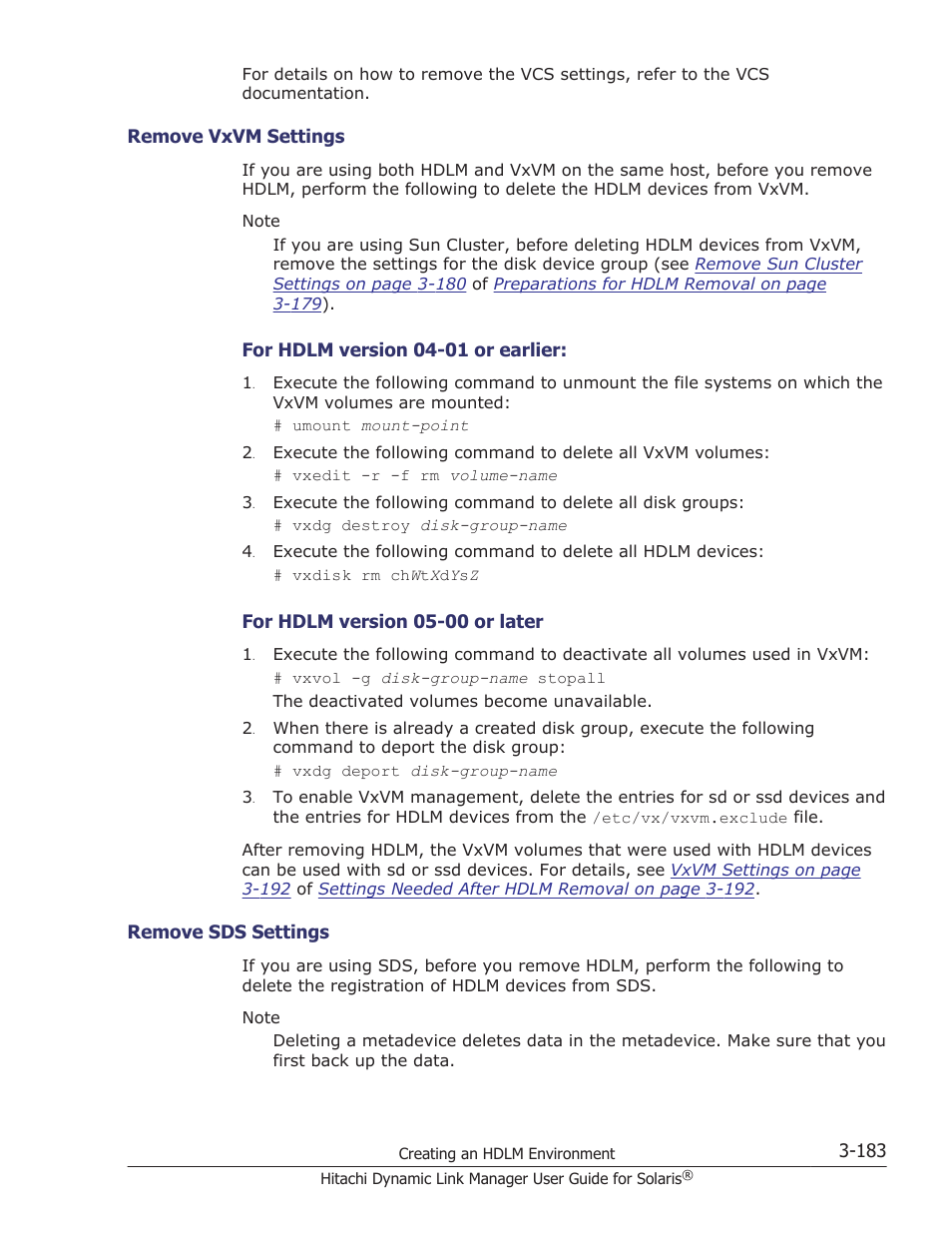 Remove vxvm settings -183, Remove sds settings -183, Remove sds | HP XP P9500 Storage User Manual | Page 249 / 618