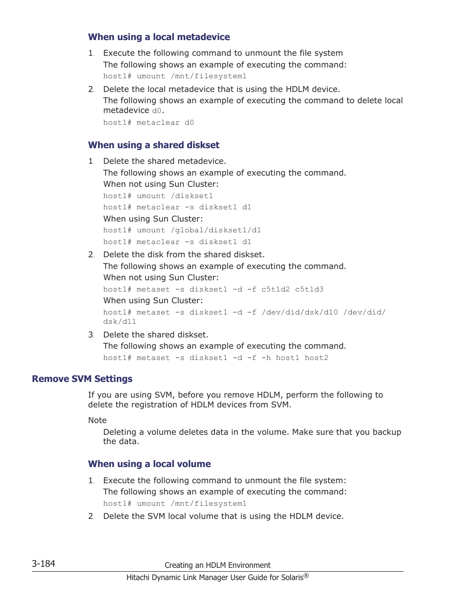 Remove svm settings -184, When using a local metadevice, When using a shared diskset | Remove svm settings, When using a local volume | HP XP P9500 Storage User Manual | Page 250 / 618