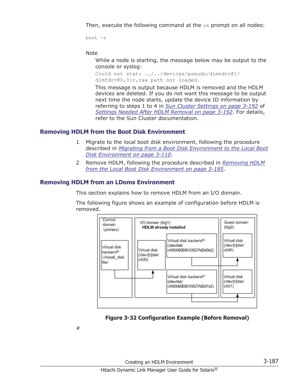 Removing hdlm from the boot disk environment -187, Removing hdlm from an ldoms environment -187, Performing the procedures in | Removing hdlm from the boot disk | HP XP P9500 Storage User Manual | Page 253 / 618