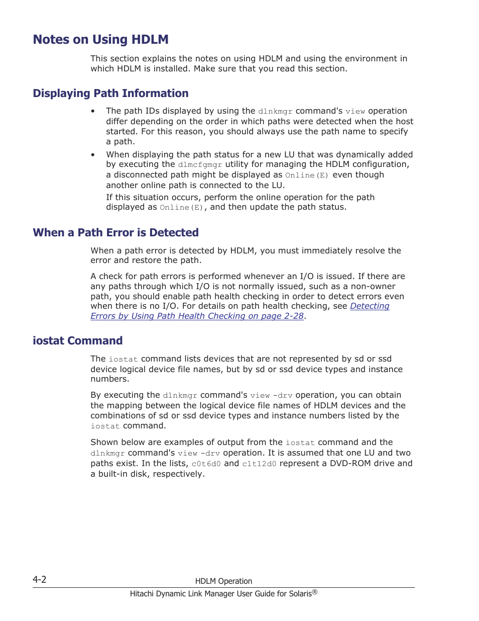 Notes on using hdlm, Displaying path information, When a path error is detected | Iostat command, Notes on using hdlm -2, Displaying path information -2, When a path error is detected -2, Iostat command -2 | HP XP P9500 Storage User Manual | Page 264 / 618