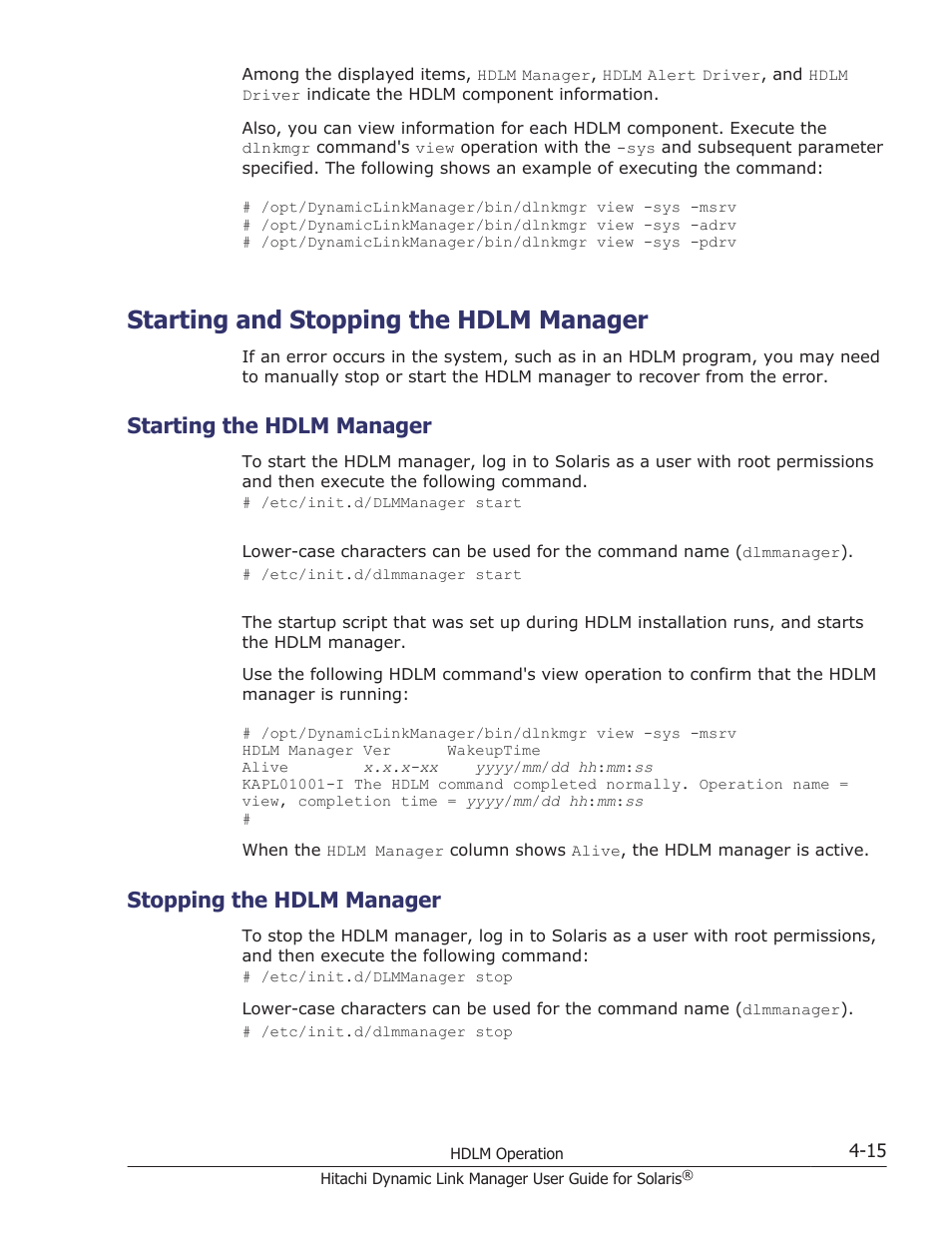 Starting and stopping the hdlm manager, Starting the hdlm manager, Stopping the hdlm manager | Starting and stopping the hdlm manager -15, Starting the hdlm manager -15, Stopping the hdlm manager -15 | HP XP P9500 Storage User Manual | Page 277 / 618