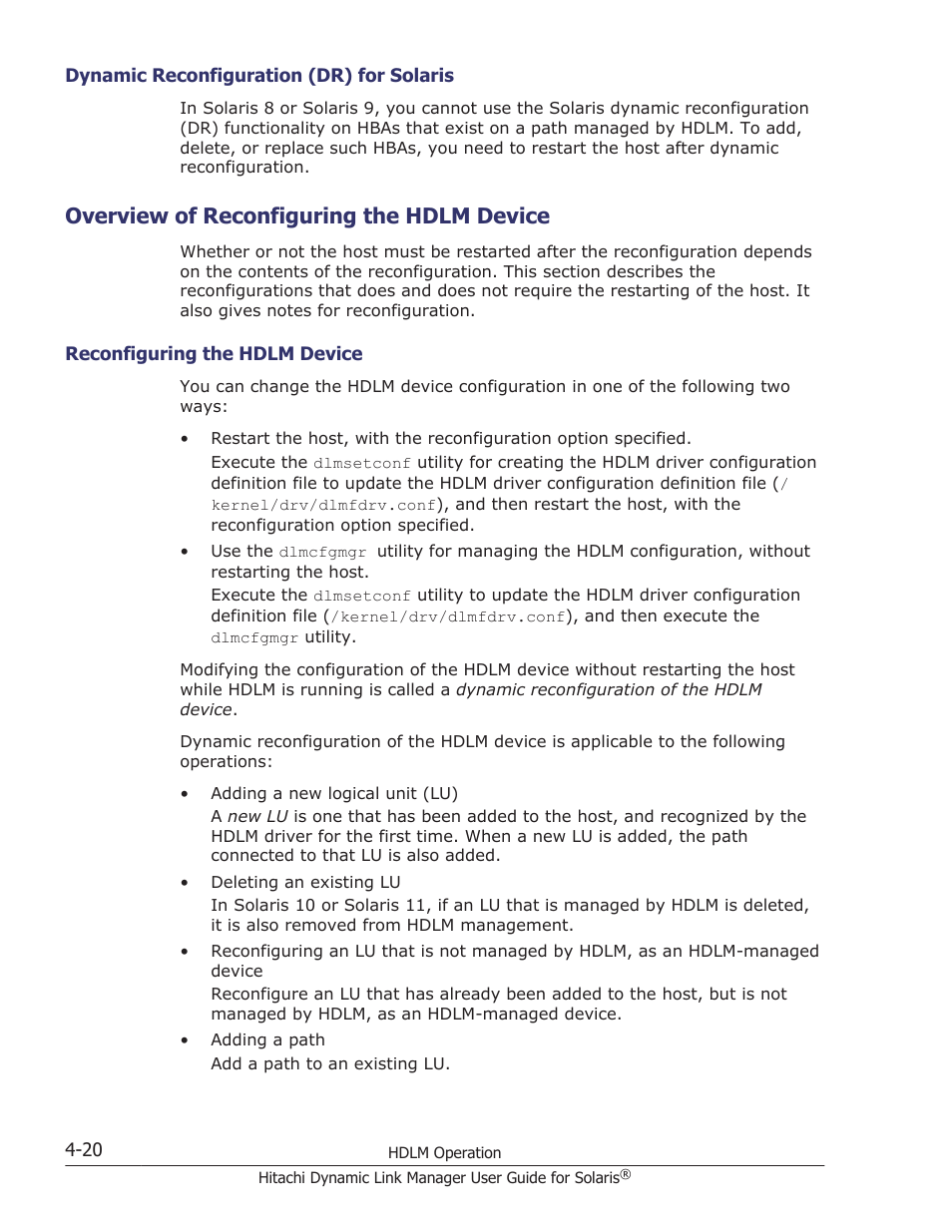 Overview of reconfiguring the hdlm device, Dynamic reconfiguration (dr) for solaris -20, Overview of reconfiguring the hdlm device -20 | Reconfiguring the hdlm device -20 | HP XP P9500 Storage User Manual | Page 282 / 618