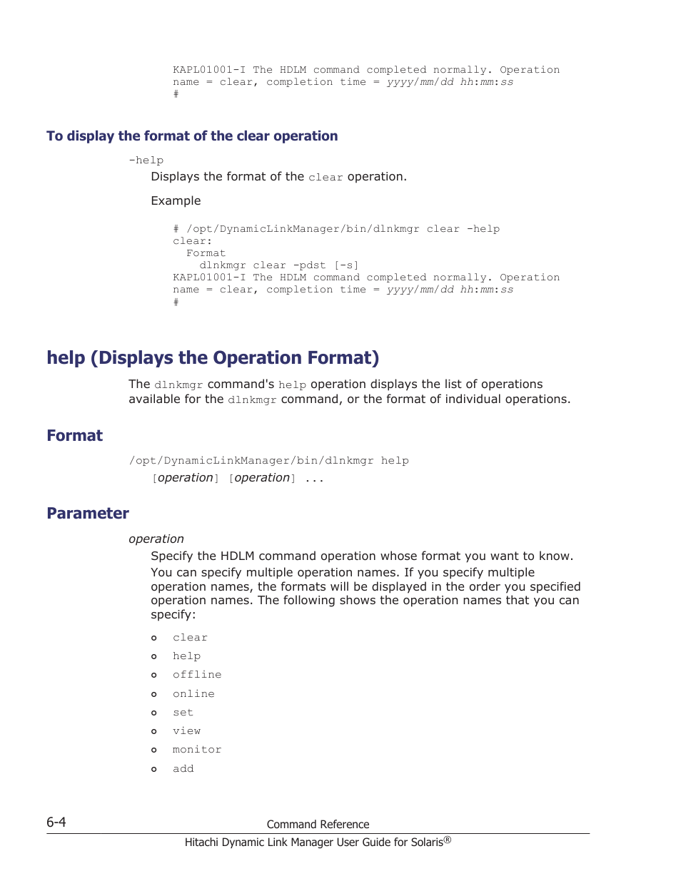 Help (displays the operation format), Format, Parameter | To display the format of the clear operation -4, Help (displays the operation format) -4, Format -4, Parameter -4, Help | HP XP P9500 Storage User Manual | Page 344 / 618