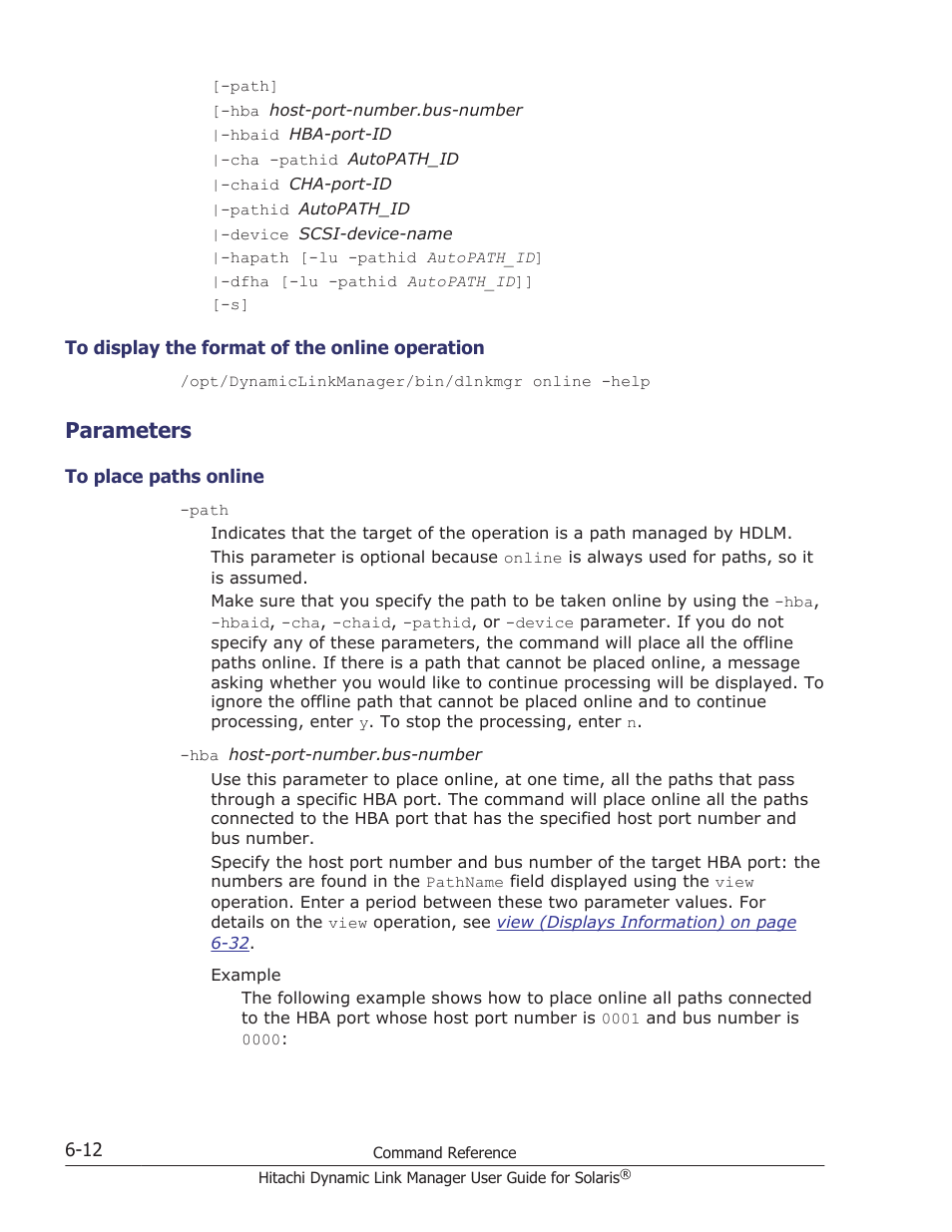 Parameters, To display the format of the online operation -12, Parameters -12 | To place paths online -12 | HP XP P9500 Storage User Manual | Page 352 / 618