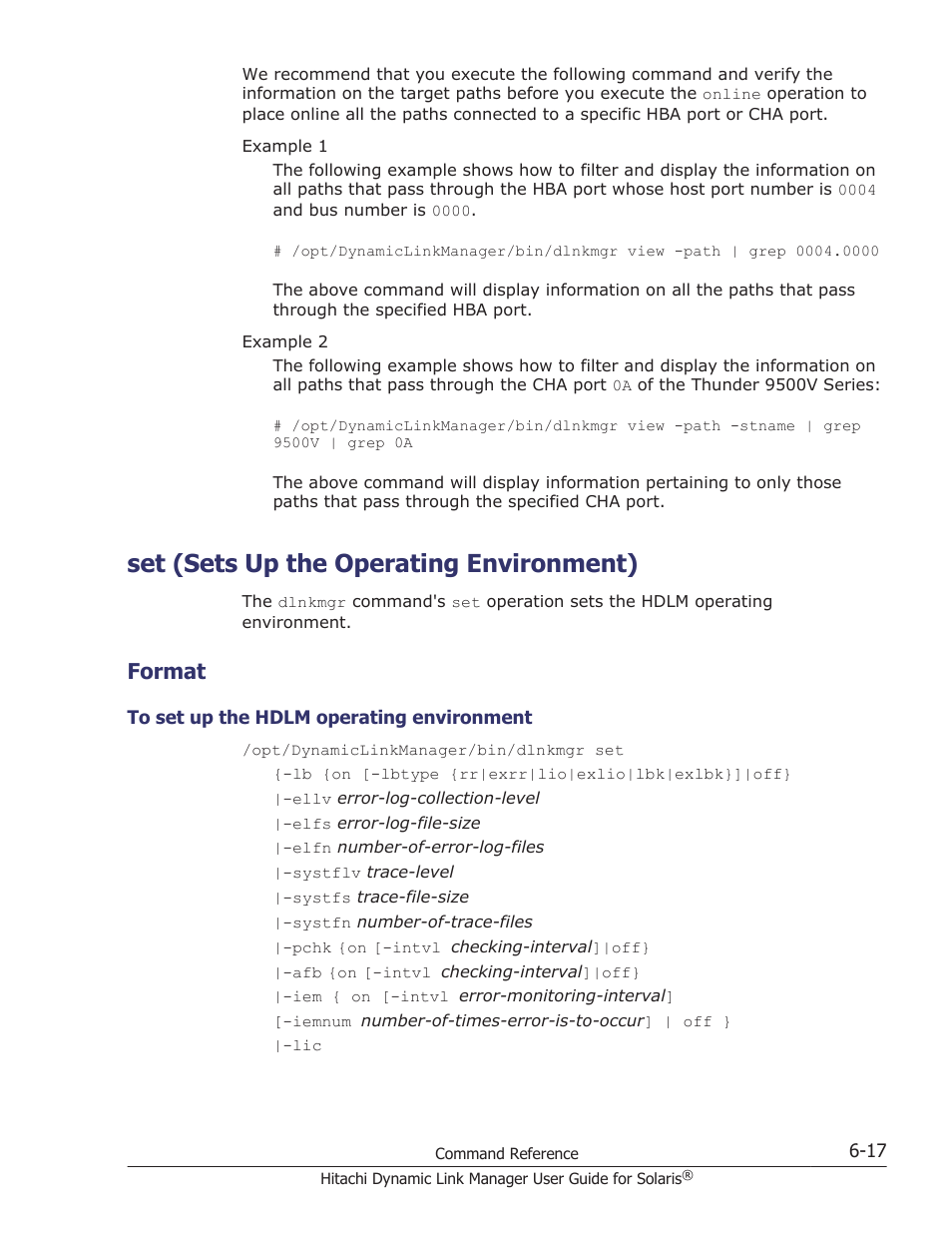 Set (sets up the operating environment), Format, Set (sets up the operating environment) -17 | Format -17, To set up the hdlm operating environment -17, On how to specify the settings, see, Operation, see, Set (sets up the, Set (sets, For details on how to set up each function, see | HP XP P9500 Storage User Manual | Page 357 / 618