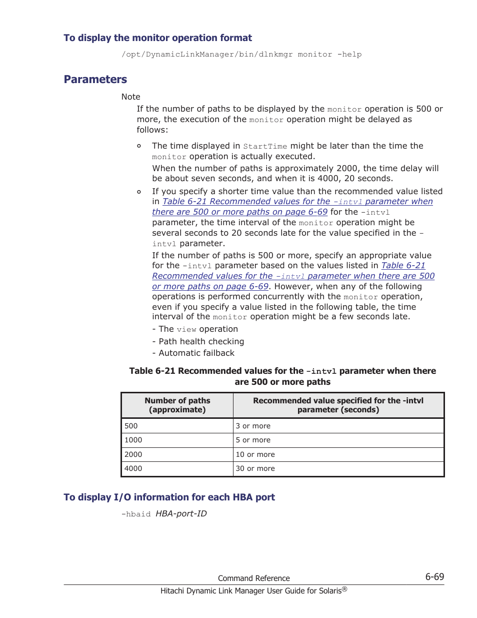 Parameters, To display the monitor operation format -69, Parameters -69 | To display i/o information for each hba port -69 | HP XP P9500 Storage User Manual | Page 409 / 618