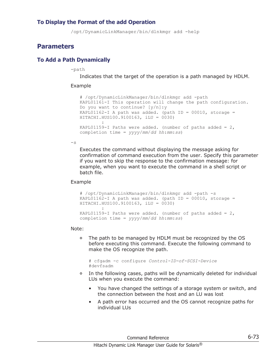 Parameters, To display the format of the add operation -73, Parameters -73 | To add a path dynamically -73 | HP XP P9500 Storage User Manual | Page 413 / 618