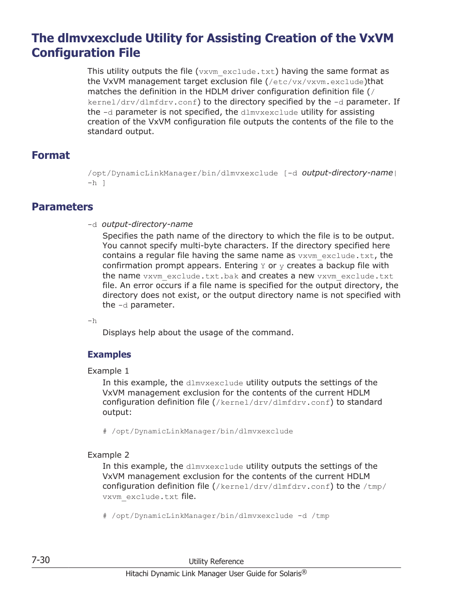 Format, Parameters, Format -30 | Parameters -30, The dlmvxexclude utility for | HP XP P9500 Storage User Manual | Page 444 / 618