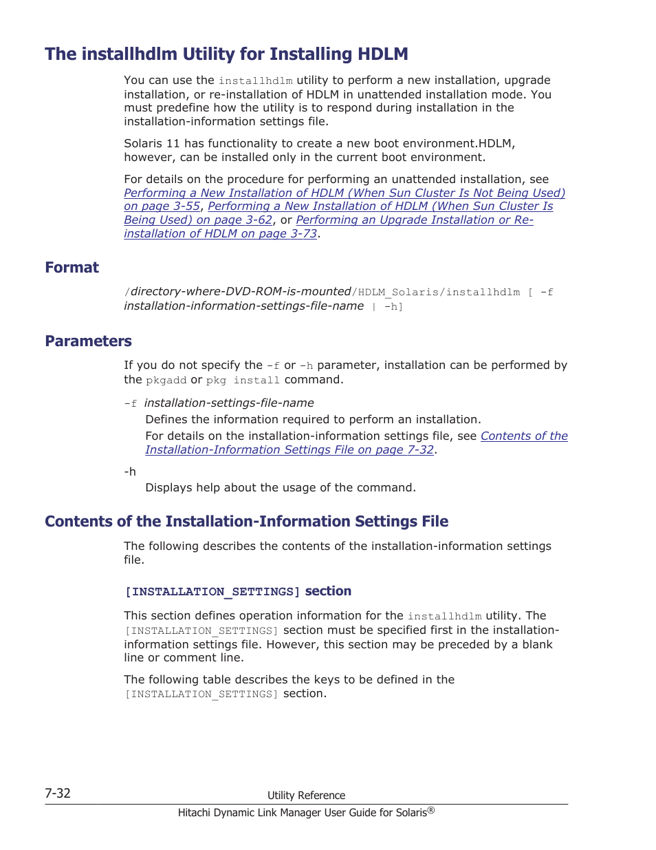 The installhdlm utility for installing hdlm, Format, Parameters | The installhdlm utility for installing hdlm -32, Format -32, Parameters -32, Utility, see | HP XP P9500 Storage User Manual | Page 446 / 618