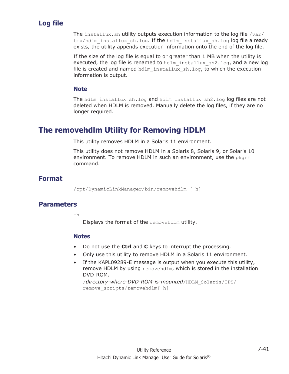 Log file, The removehdlm utility for removing hdlm, Format | Parameters, Log file -41, The removehdlm utility for removing hdlm -41, Format -41, Parameters -41 | HP XP P9500 Storage User Manual | Page 455 / 618