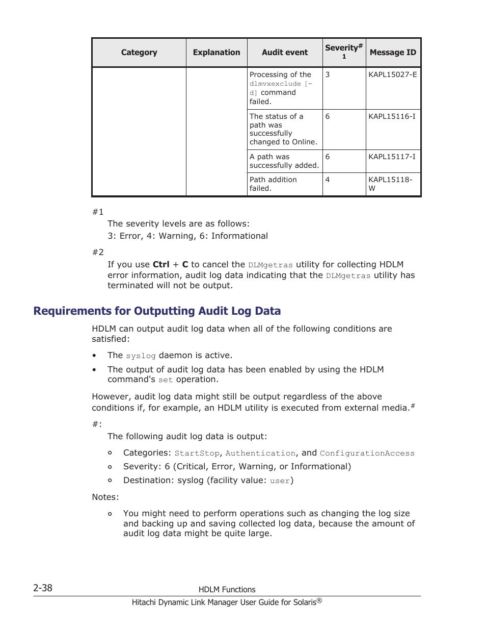 Requirements for outputting audit log data, Requirements for outputting audit log data -38 | HP XP P9500 Storage User Manual | Page 60 / 618