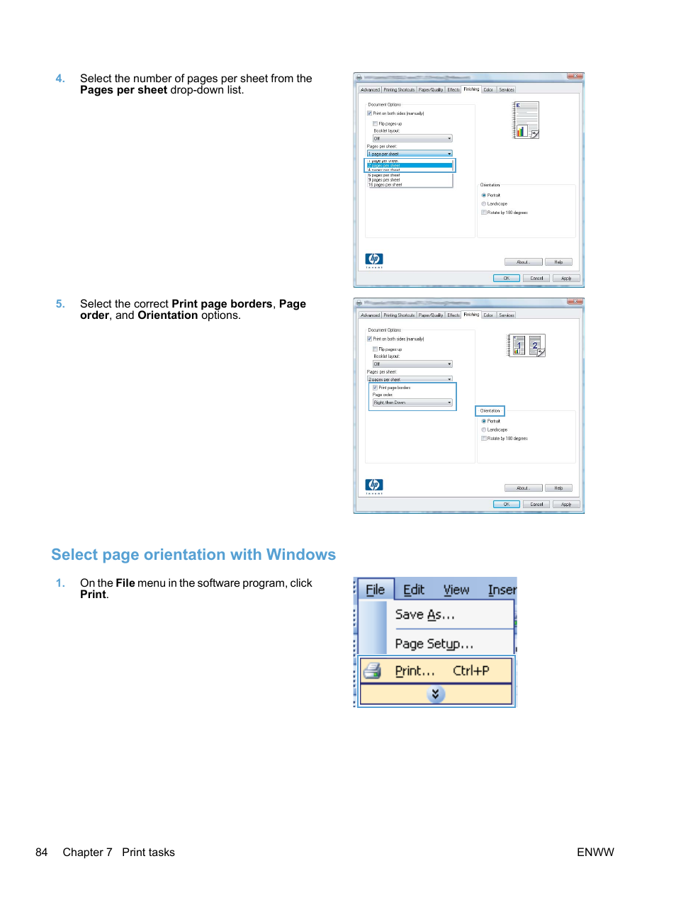 Select page orientation with windows | HP LaserJet Pro CM1415fnw Color Multifunction Printer User Manual | Page 100 / 308
