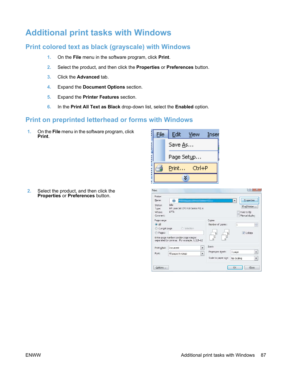 Additional print tasks with windows | HP LaserJet Pro CM1415fnw Color Multifunction Printer User Manual | Page 103 / 308