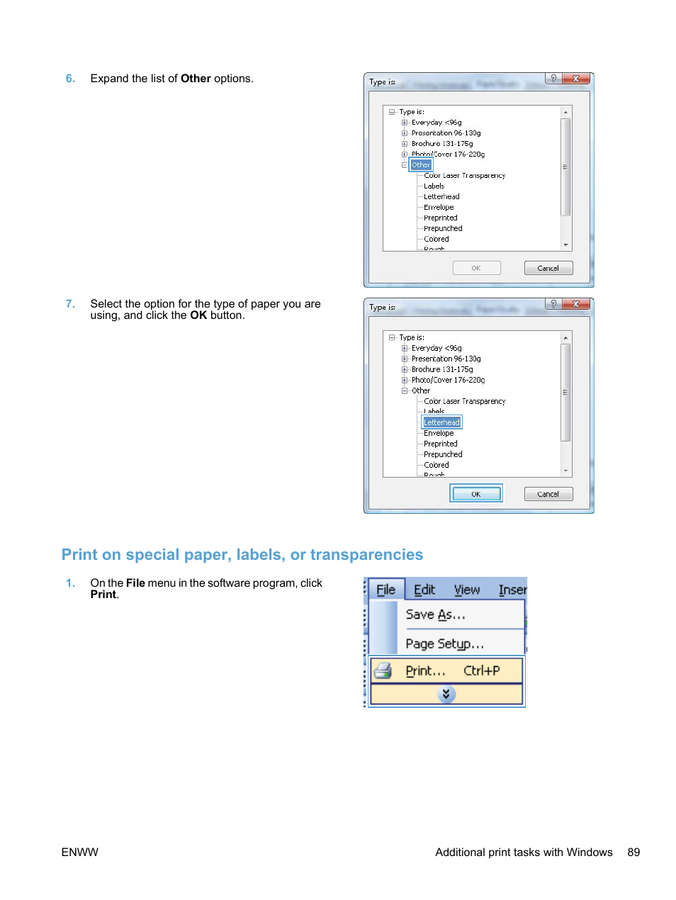Print on special paper, labels, or transparencies | HP LaserJet Pro CM1415fnw Color Multifunction Printer User Manual | Page 105 / 308