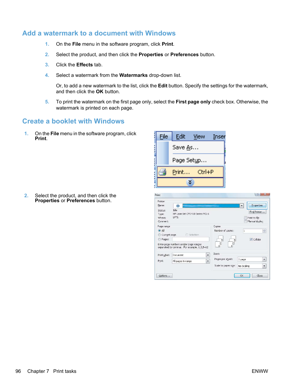 Add a watermark to a document with windows, Create a booklet with windows | HP LaserJet Pro CM1415fnw Color Multifunction Printer User Manual | Page 112 / 308