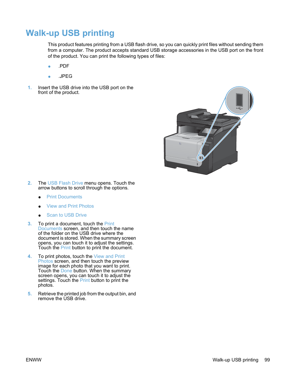 Walk-up usb printing | HP LaserJet Pro CM1415fnw Color Multifunction Printer User Manual | Page 115 / 308