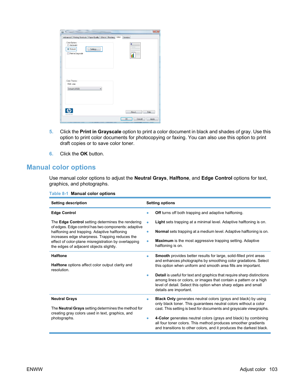 Manual color options | HP LaserJet Pro CM1415fnw Color Multifunction Printer User Manual | Page 119 / 308