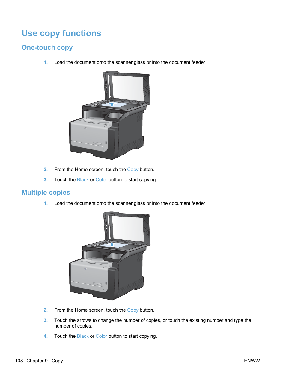 Use copy functions, One-touch copy, Multiple copies | One-touch copy multiple copies | HP LaserJet Pro CM1415fnw Color Multifunction Printer User Manual | Page 124 / 308