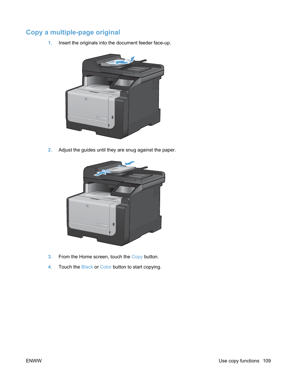 Copy a multiple-page original | HP LaserJet Pro CM1415fnw Color Multifunction Printer User Manual | Page 125 / 308