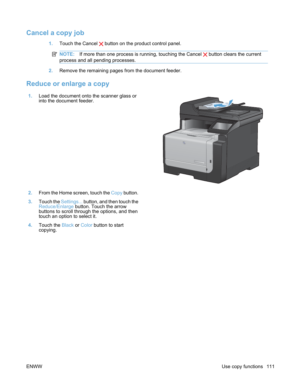 Cancel a copy job, Reduce or enlarge a copy, Cancel a copy job reduce or enlarge a copy | HP LaserJet Pro CM1415fnw Color Multifunction Printer User Manual | Page 127 / 308