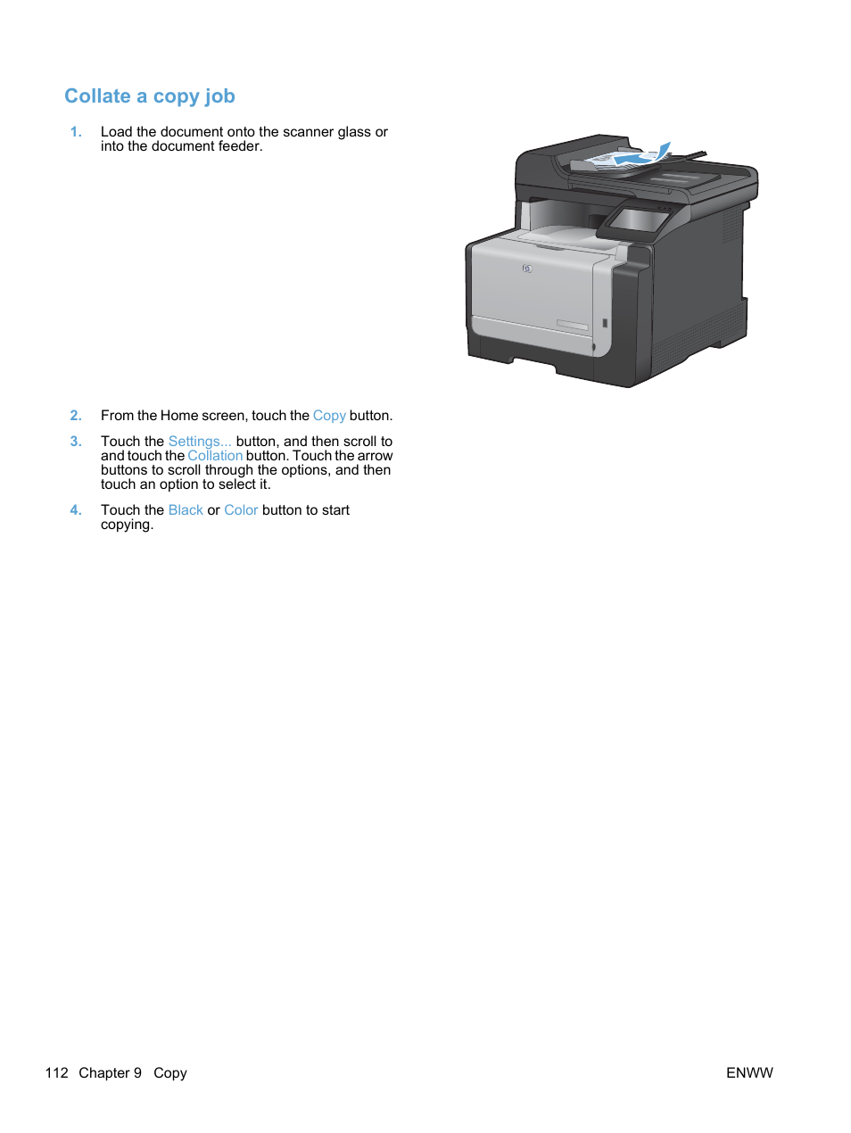 Collate a copy job | HP LaserJet Pro CM1415fnw Color Multifunction Printer User Manual | Page 128 / 308