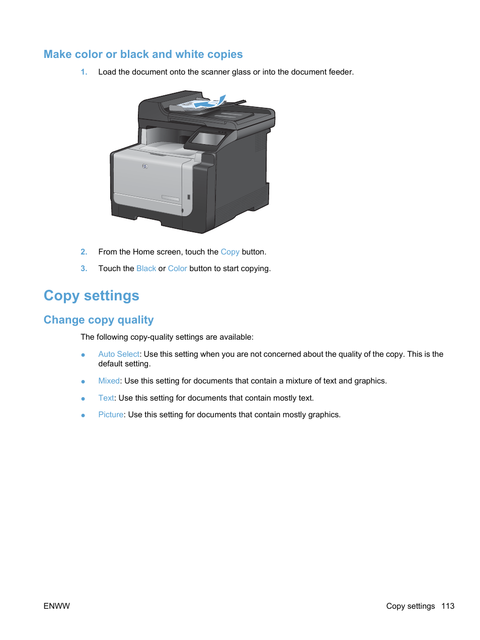 Make color or black and white copies, Copy settings, Change copy quality | HP LaserJet Pro CM1415fnw Color Multifunction Printer User Manual | Page 129 / 308