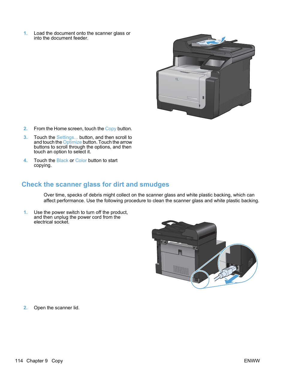 Check the scanner glass for dirt and smudges | HP LaserJet Pro CM1415fnw Color Multifunction Printer User Manual | Page 130 / 308