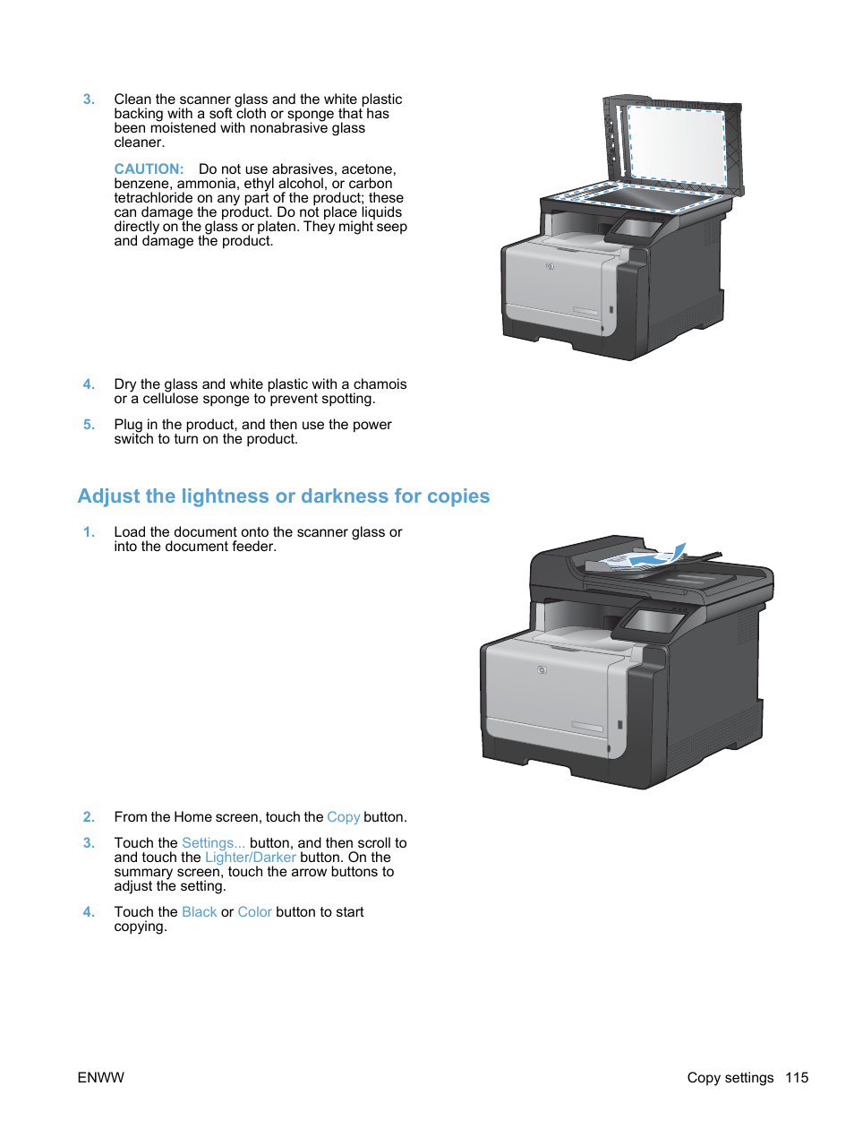 Adjust the lightness or darkness for copies | HP LaserJet Pro CM1415fnw Color Multifunction Printer User Manual | Page 131 / 308