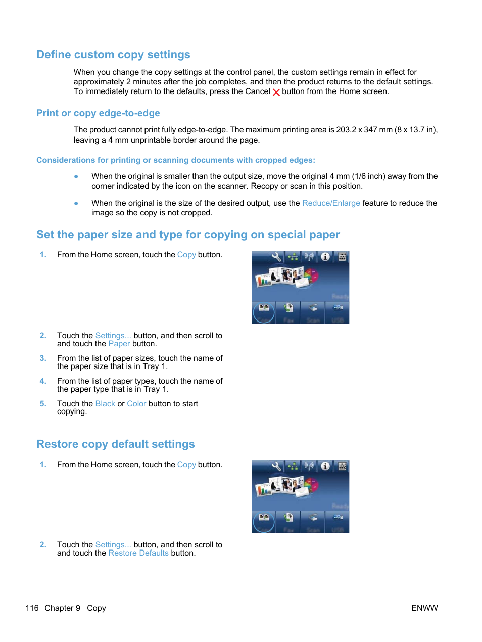 Define custom copy settings, Print or copy edge-to-edge, Restore copy default settings | HP LaserJet Pro CM1415fnw Color Multifunction Printer User Manual | Page 132 / 308