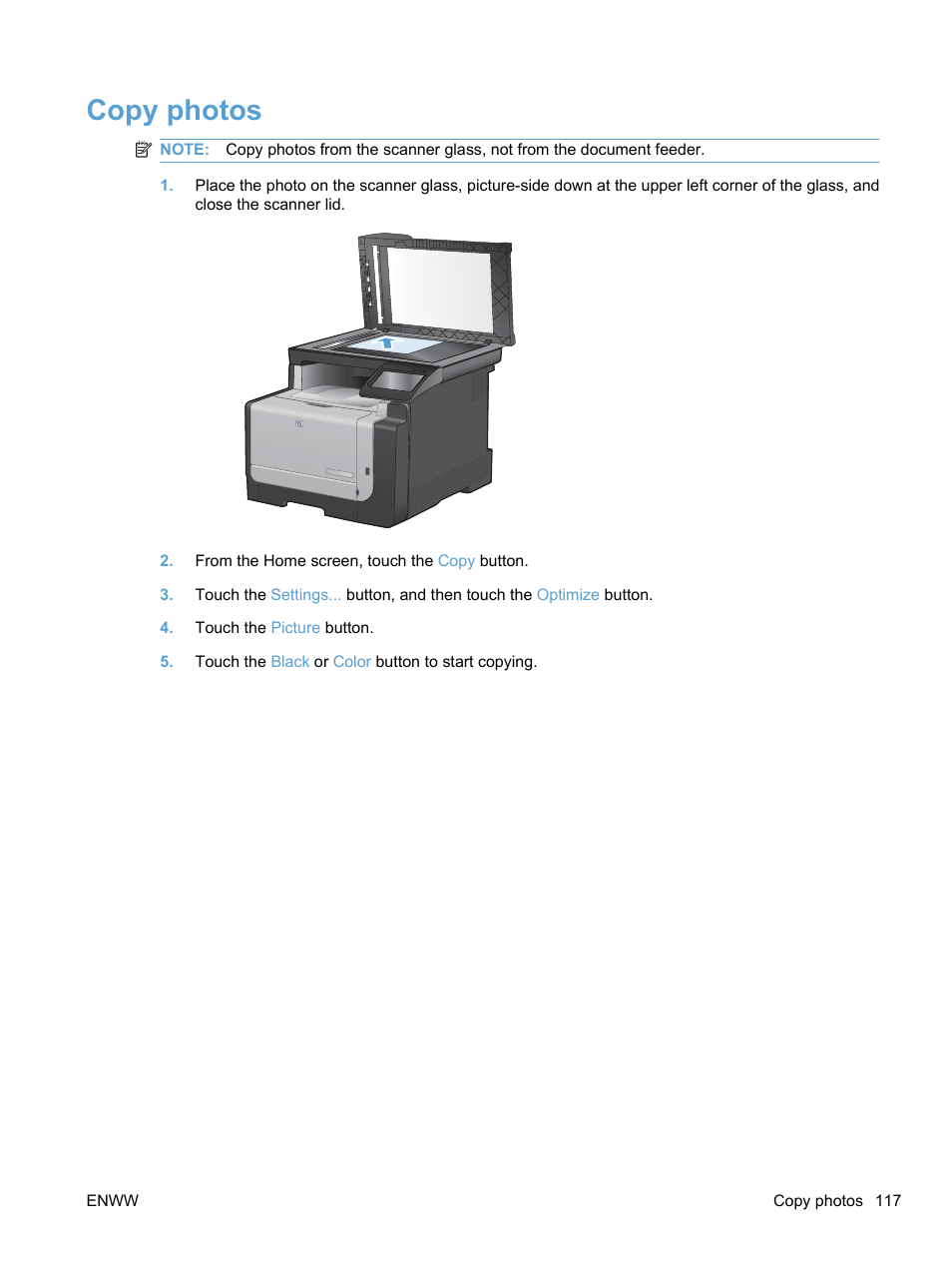 Copy photos | HP LaserJet Pro CM1415fnw Color Multifunction Printer User Manual | Page 133 / 308