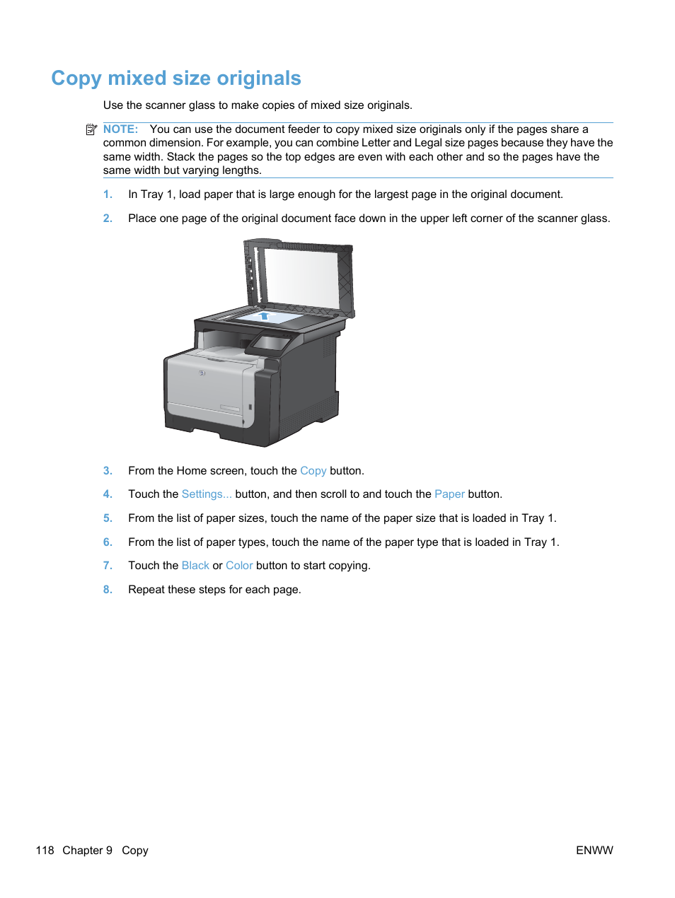 Copy mixed size originals | HP LaserJet Pro CM1415fnw Color Multifunction Printer User Manual | Page 134 / 308