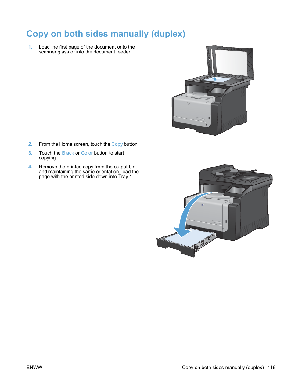 Copy on both sides manually (duplex) | HP LaserJet Pro CM1415fnw Color Multifunction Printer User Manual | Page 135 / 308