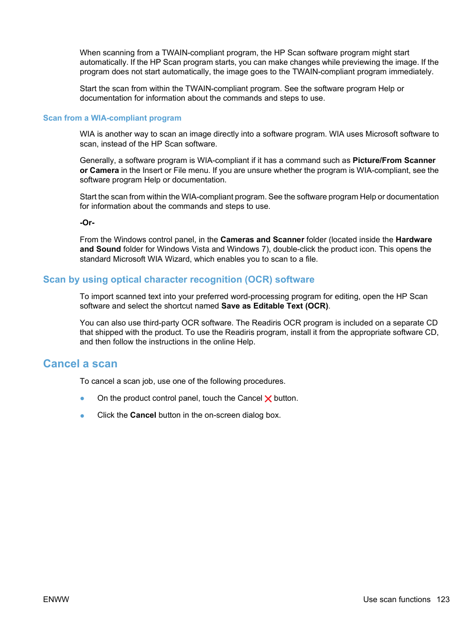 Scan from a wia-compliant program, Cancel a scan | HP LaserJet Pro CM1415fnw Color Multifunction Printer User Manual | Page 139 / 308