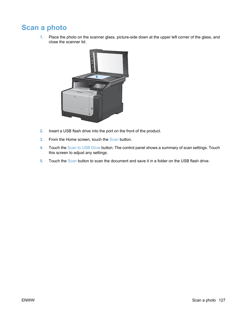 Scan a photo | HP LaserJet Pro CM1415fnw Color Multifunction Printer User Manual | Page 143 / 308