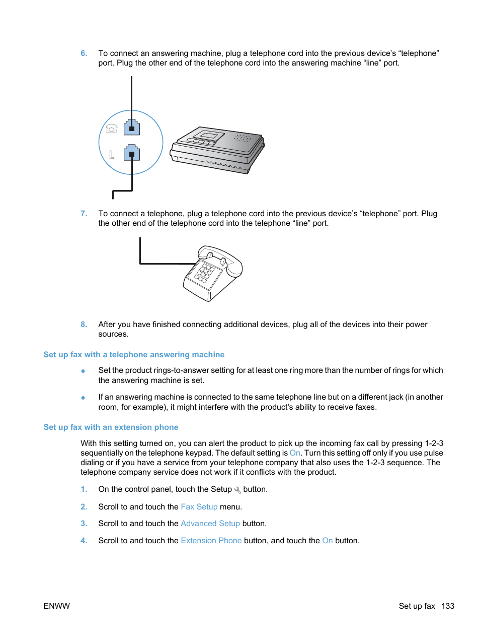 Set up fax with a telephone answering machine, Set up fax with an extension phone | HP LaserJet Pro CM1415fnw Color Multifunction Printer User Manual | Page 149 / 308