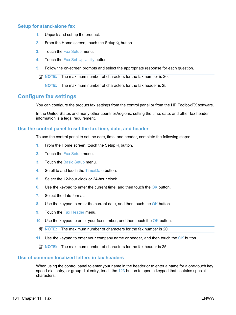 Setup for stand-alone fax, Configure fax settings, Use of common localized letters in fax headers | HP LaserJet Pro CM1415fnw Color Multifunction Printer User Manual | Page 150 / 308