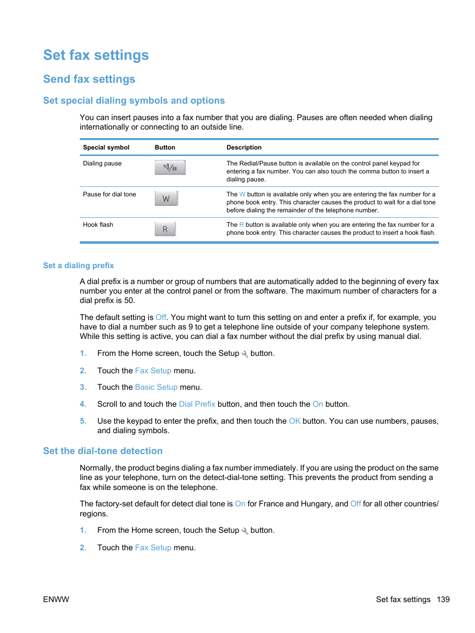 Set fax settings, Send fax settings, Set special dialing symbols and options | Set a dialing prefix, Set the dial-tone detection | HP LaserJet Pro CM1415fnw Color Multifunction Printer User Manual | Page 155 / 308